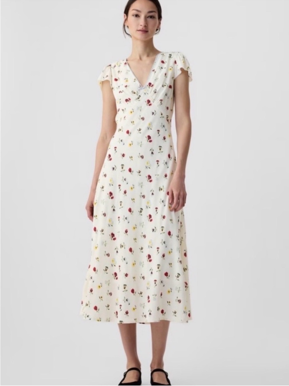 Gap x Doen Cream Midi Dress with Red and Yellow Floral Print